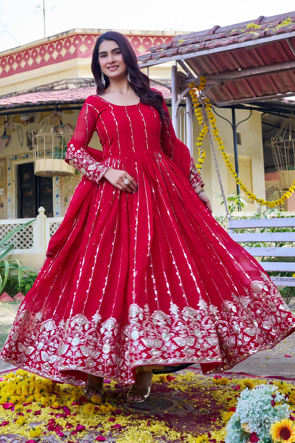 Red Georgette Sequins Embroidered Festival Gown Set with Dupatta  [2 PCS]