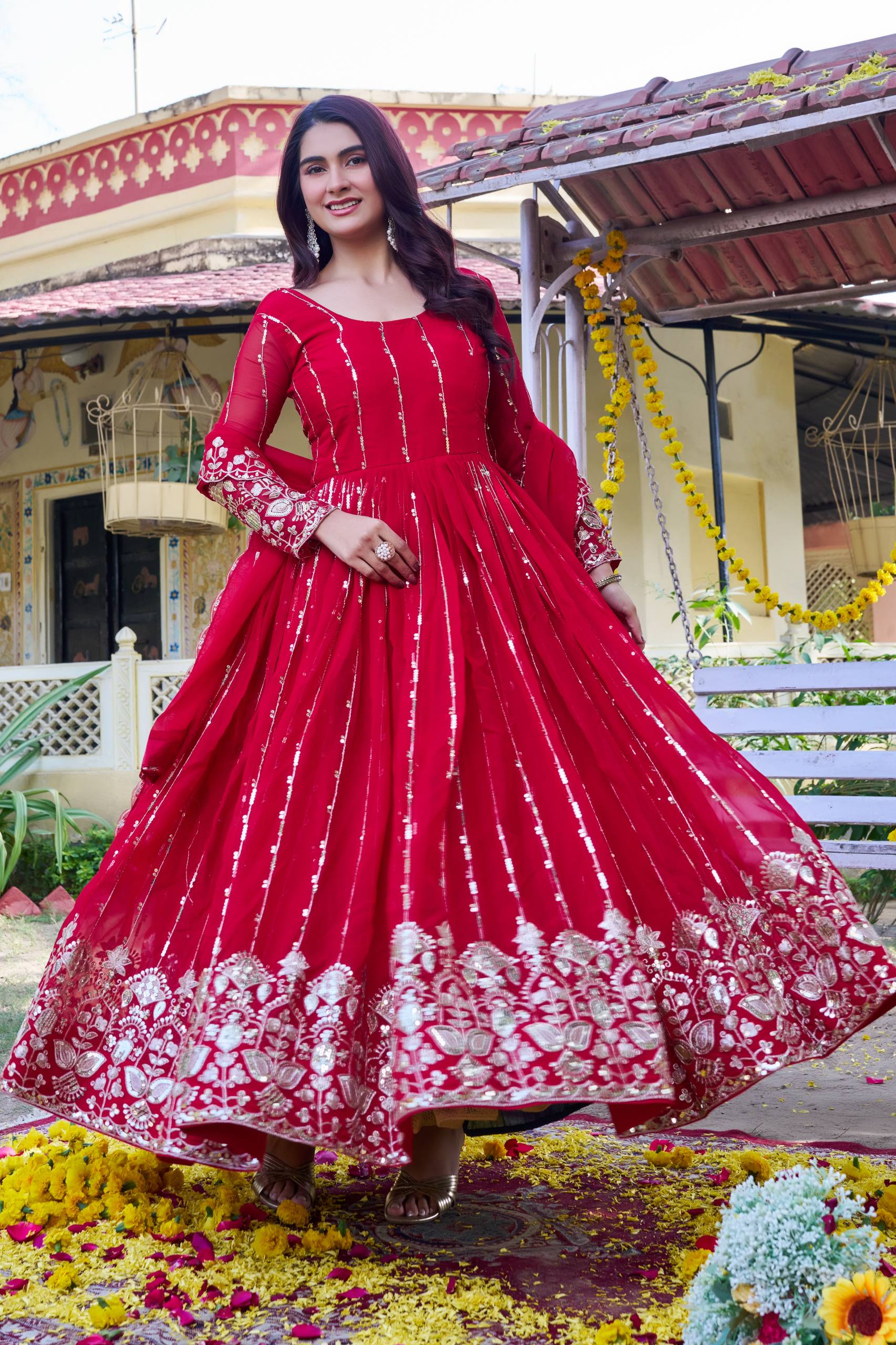 Red Georgette Sequins Embroidered Festival Gown Set with Dupatta  [2 PCS]