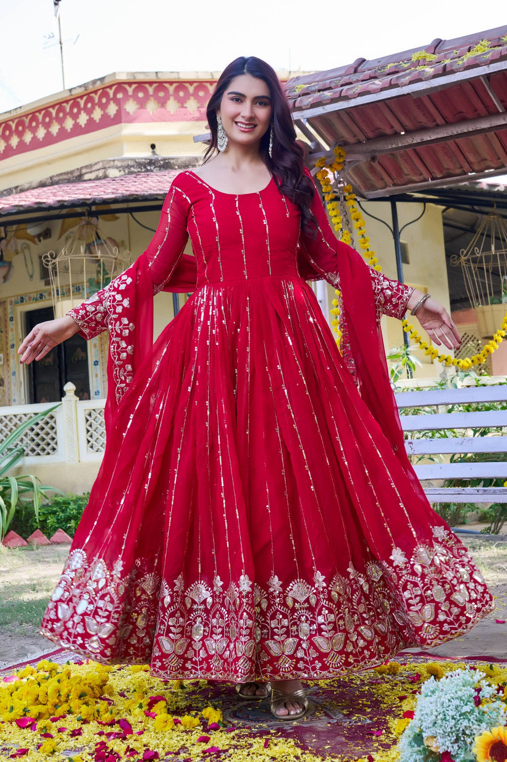 Red Georgette Sequins Embroidered Festival Gown Set with Dupatta  [2 PCS]