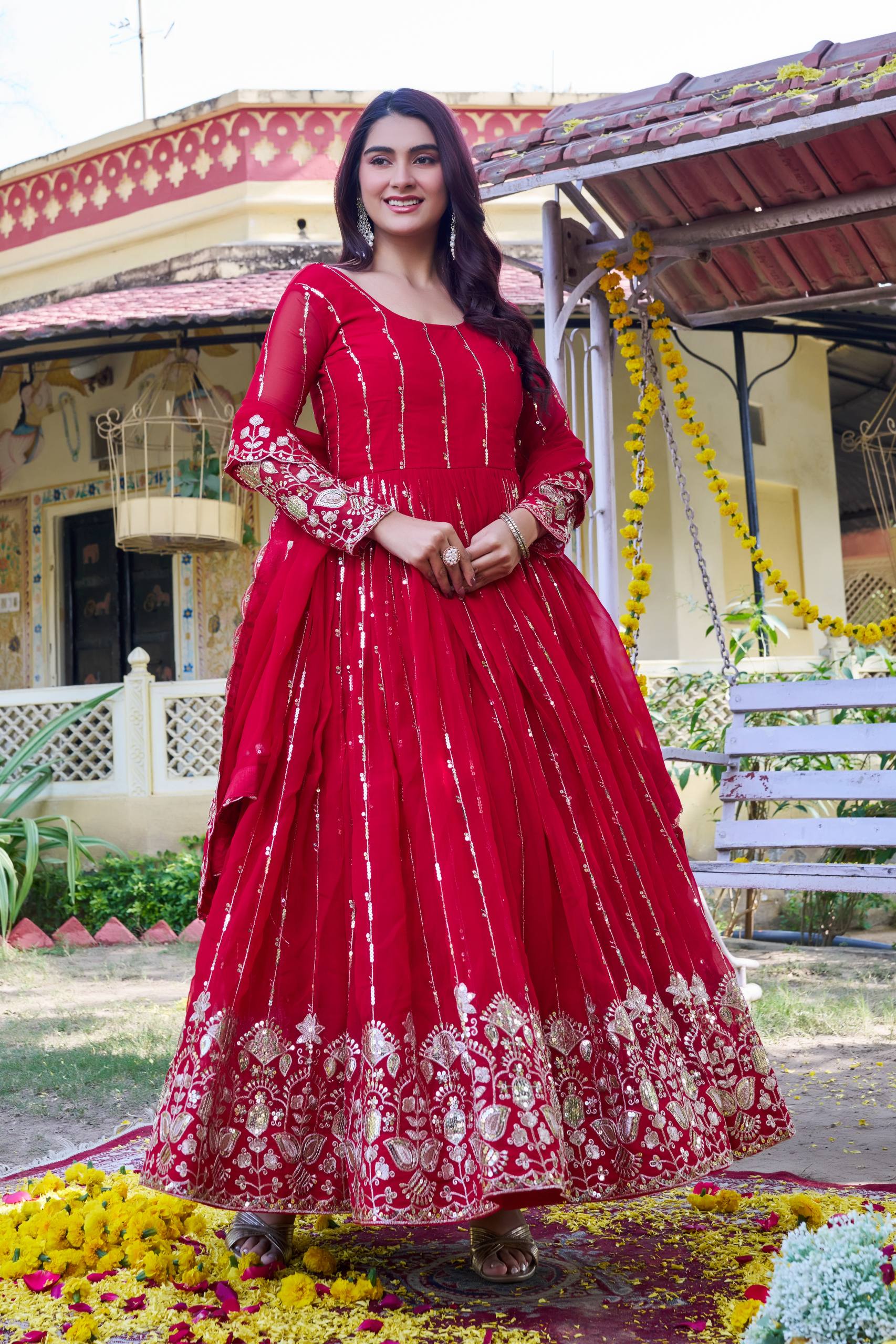 Red Georgette Sequins Embroidered Festival Gown Set with Dupatta  [2 PCS]