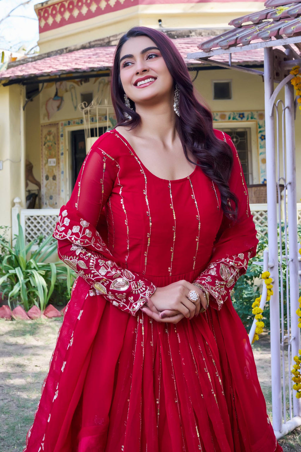 Red Georgette Sequins Embroidered Festival Gown Set with Dupatta  [2 PCS]