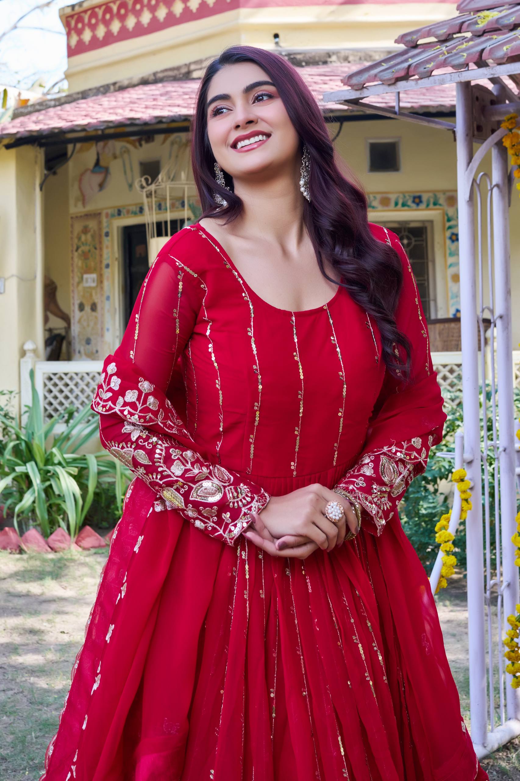 Red Georgette Sequins Embroidered Festival Gown Set with Dupatta  [2 PCS]