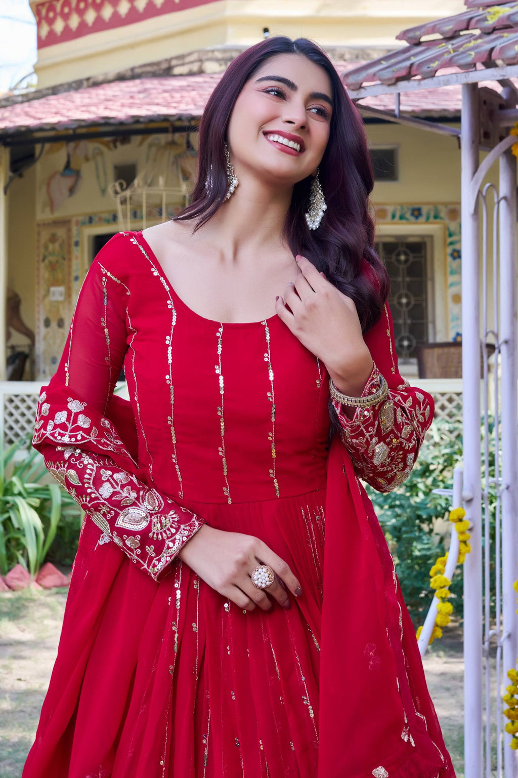 Red Georgette Sequins Embroidered Festival Gown Set with Dupatta  [2 PCS]