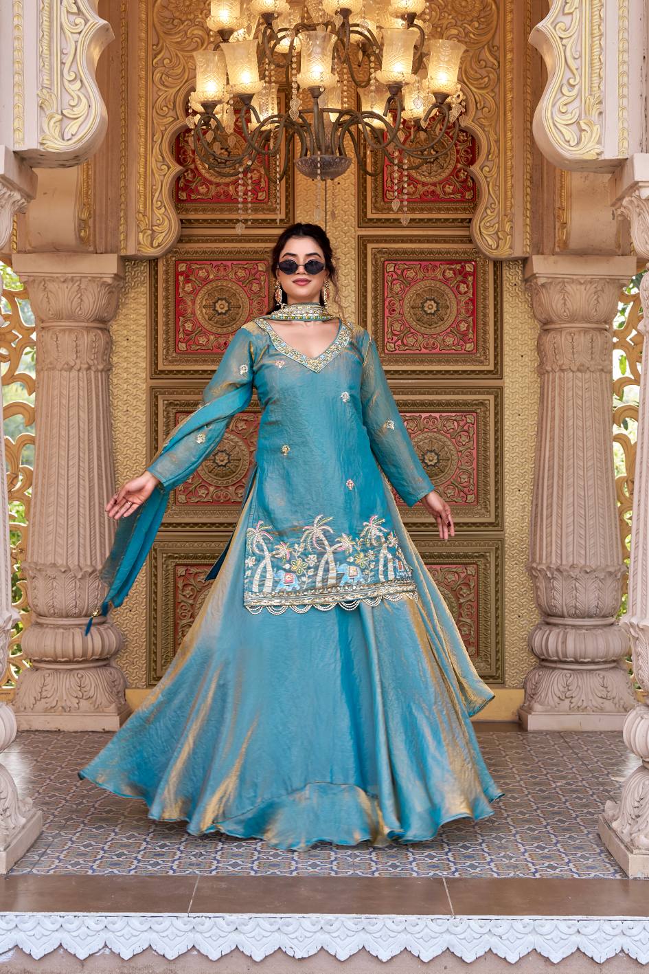 Light Blue Fendy Embroidered Lehenga Choli Set with Dupatta [3 PCS]