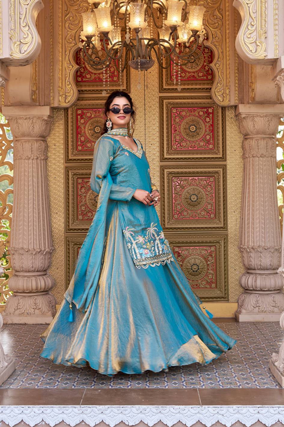 Light Blue Fendy Embroidered Lehenga Choli Set with Dupatta [3 PCS]