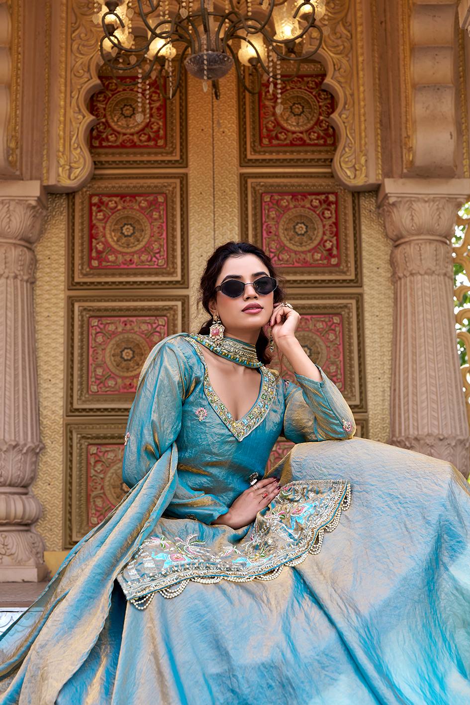 Light Blue Fendy Embroidered Lehenga Choli Set with Dupatta [3 PCS]