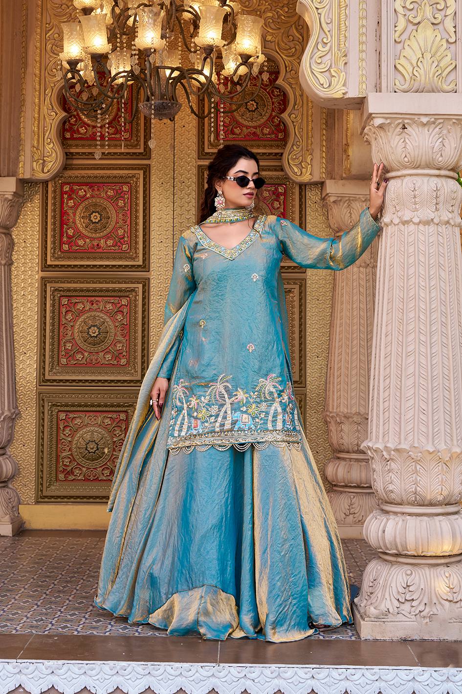 Light Blue Fendy Embroidered Lehenga Choli Set with Dupatta [3 PCS]