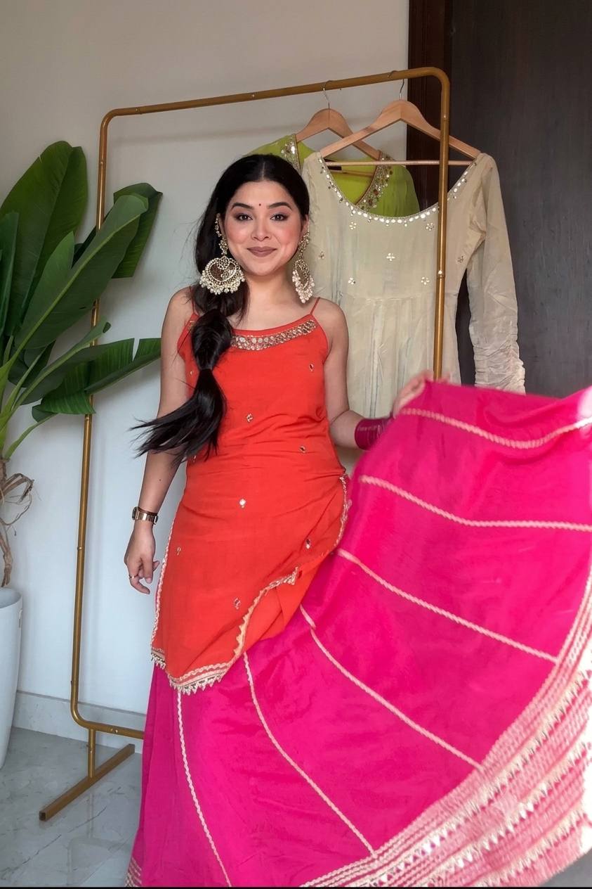 Iraaya Orange Embroidered Crop Top Lehenga Set