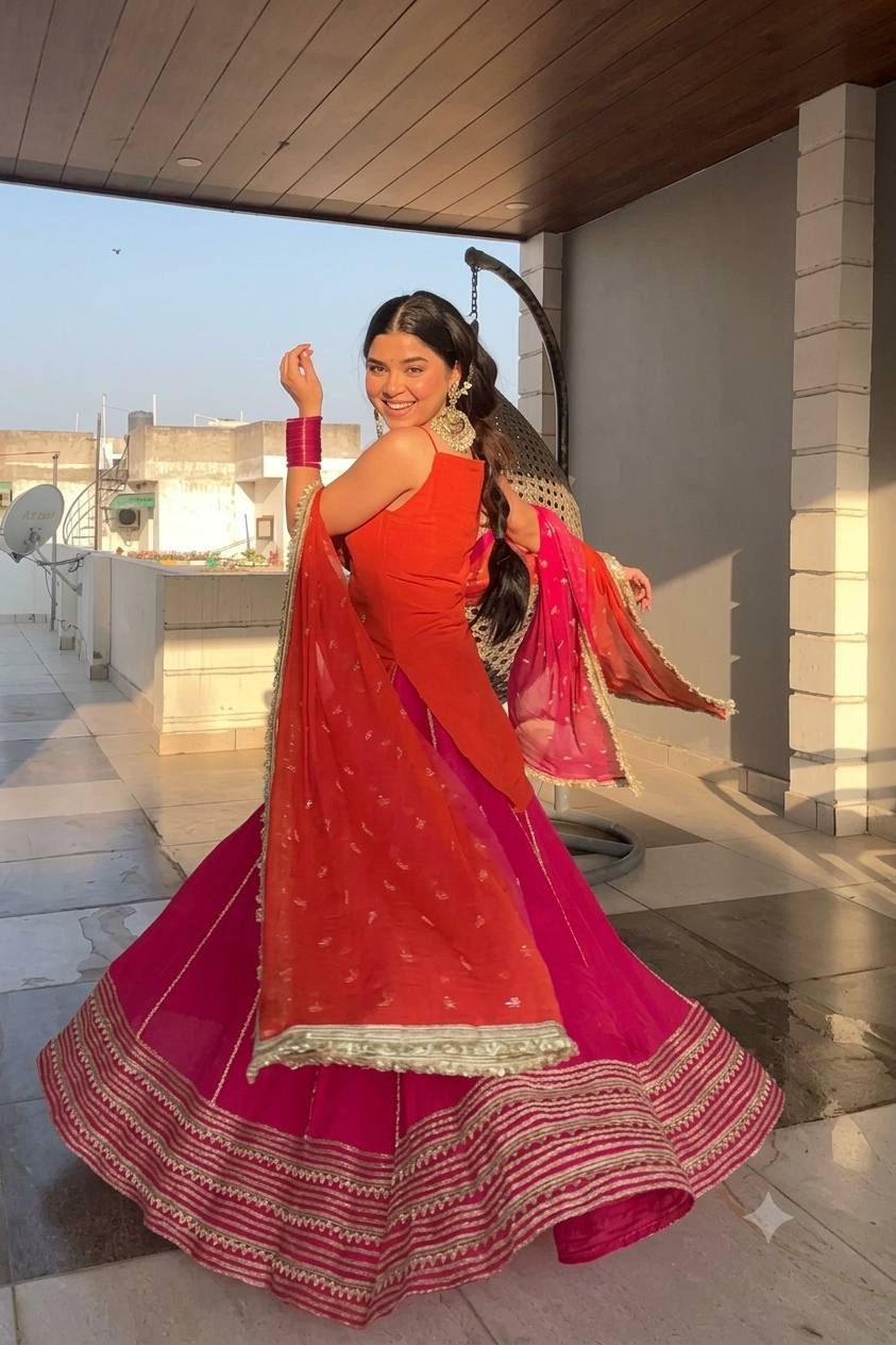 Iraaya Orange Embroidered Crop Top Lehenga Set