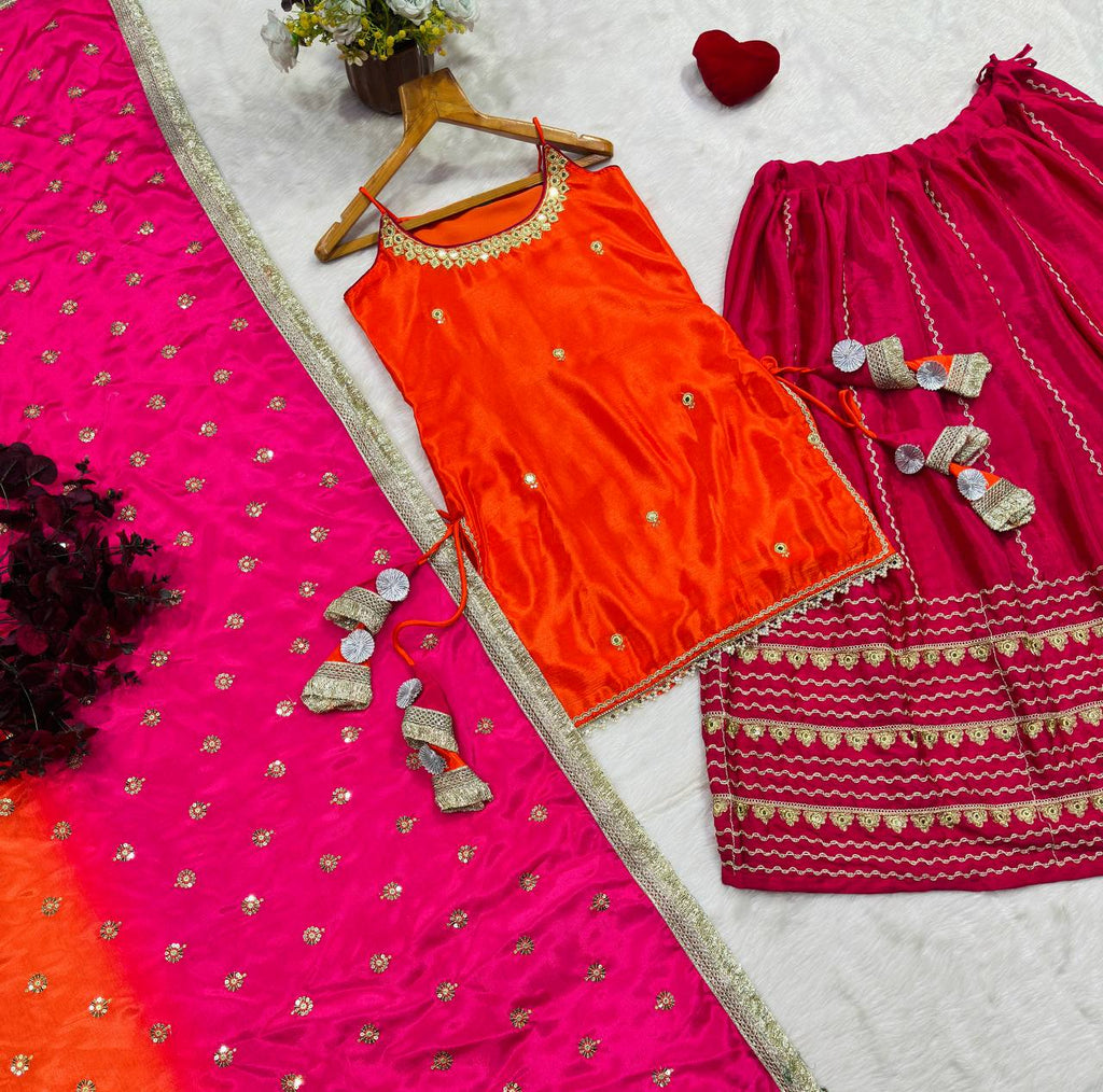Iraaya Orange Embroidered Crop Top Lehenga Set