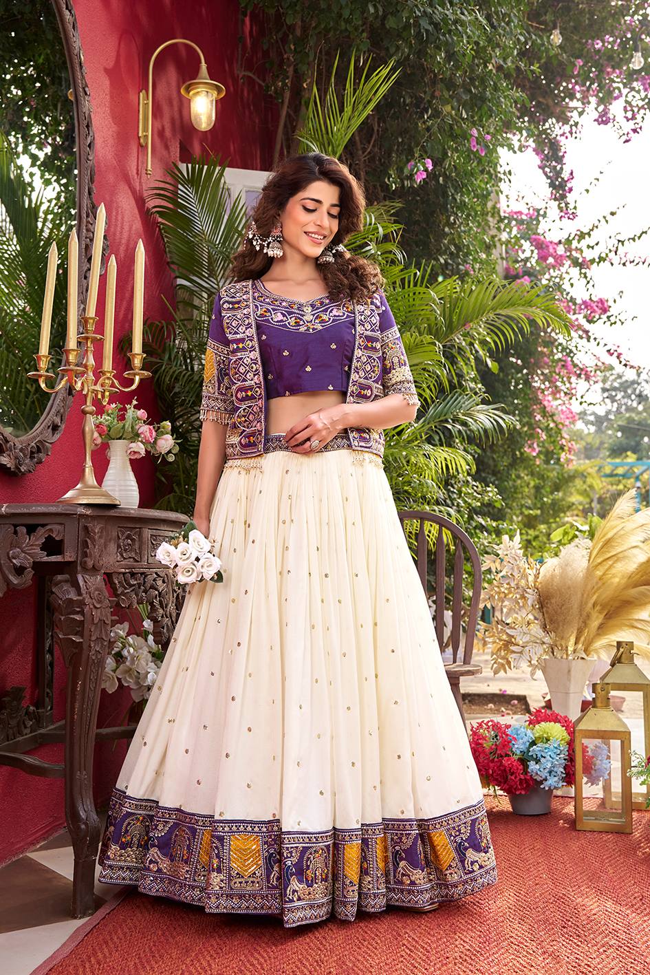 Purple Vichitra Embroidered Lehenga Choli Set with Koti [3 PCS]