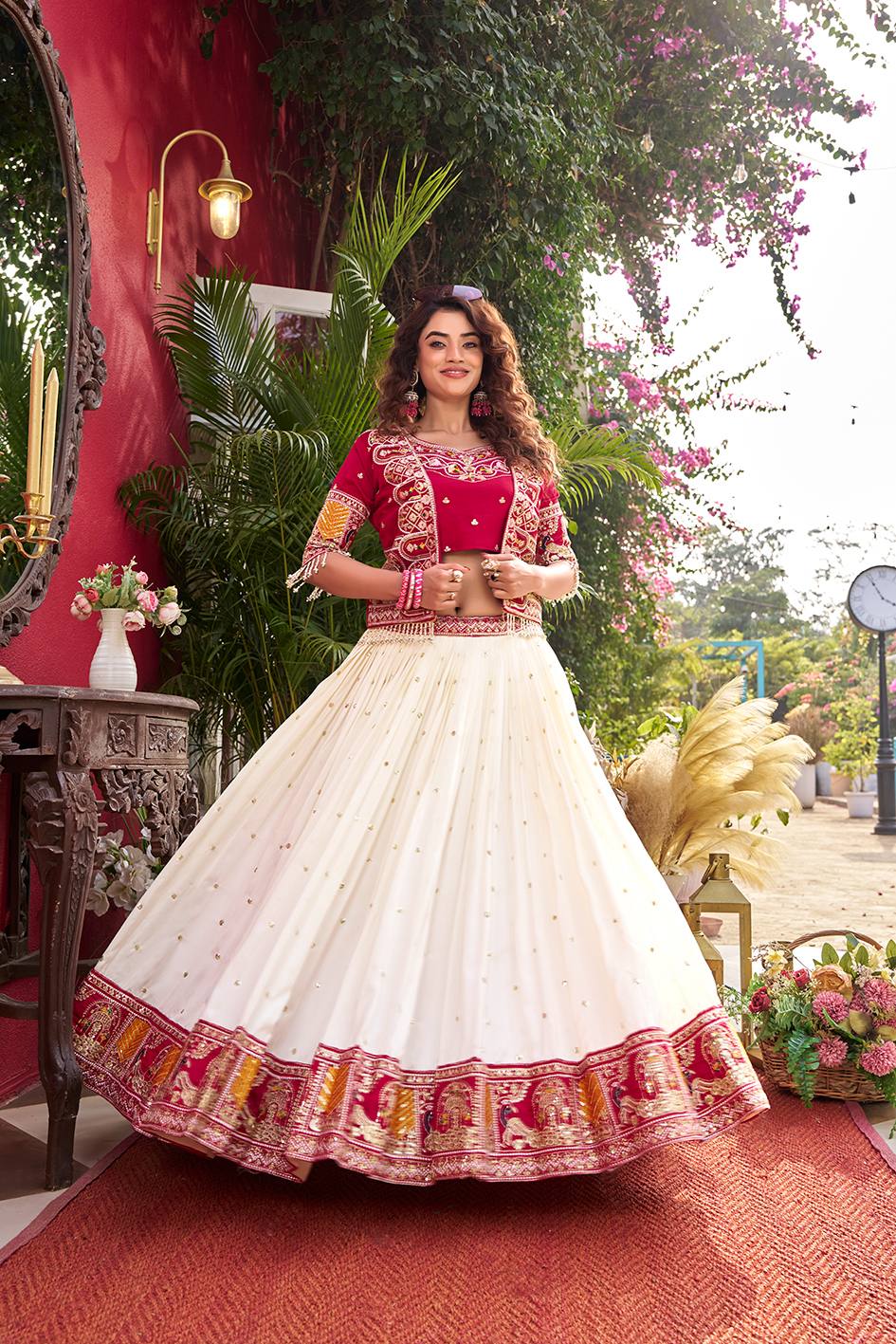 Red Vichitra Embroidered Lehenga Choli Set with Koti [3 PCS]