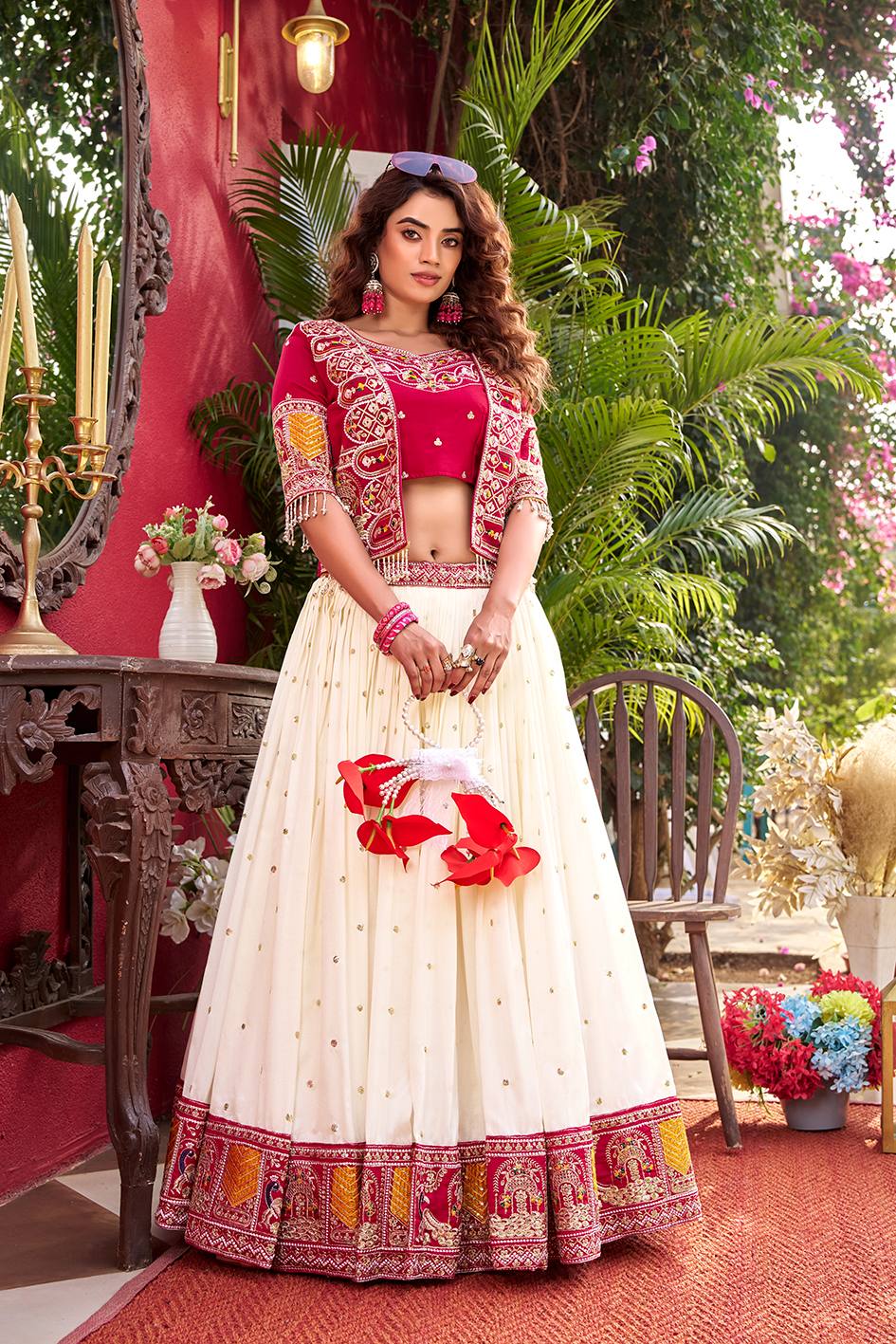 Red Vichitra Embroidered Lehenga Choli Set with Koti [3 PCS]