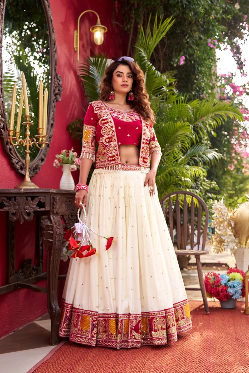 Red Vichitra Embroidered Lehenga Choli Set with Koti [3 PCS]
