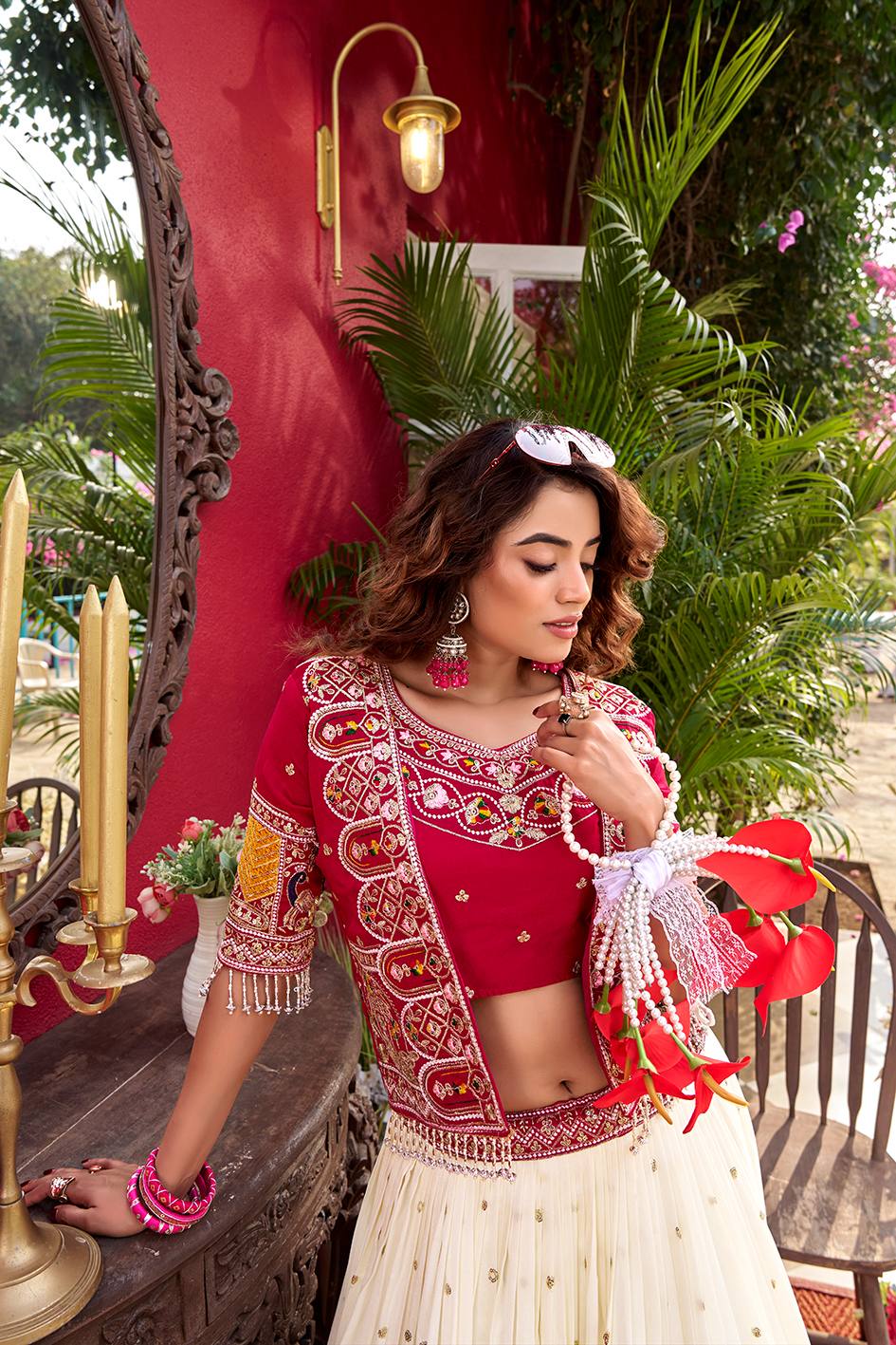 Red Vichitra Embroidered Lehenga Choli Set with Koti [3 PCS]
