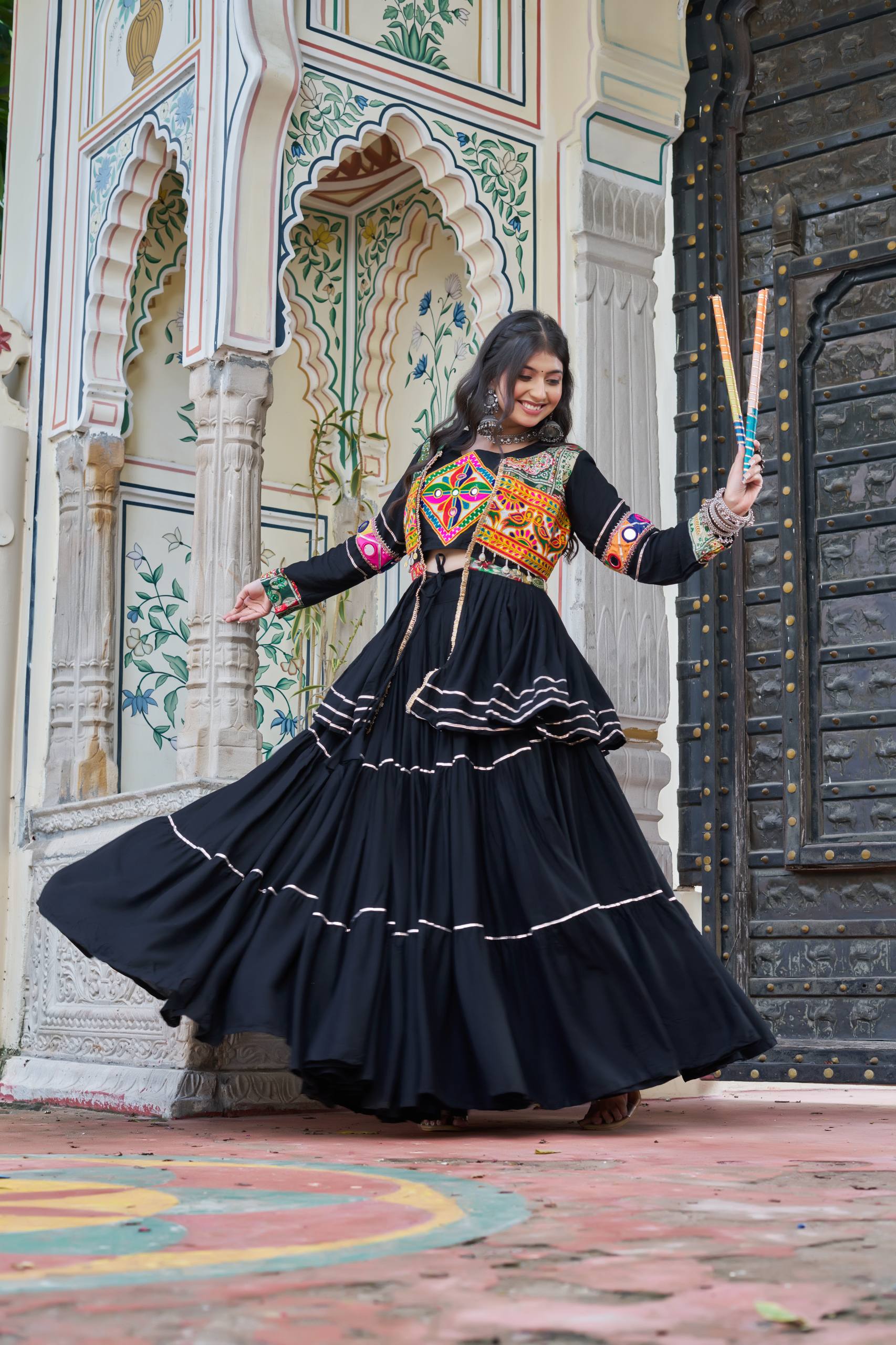 Black Gamathi Work Cotton Navratri Lehenga Choli Set with Koti [3 PCS]