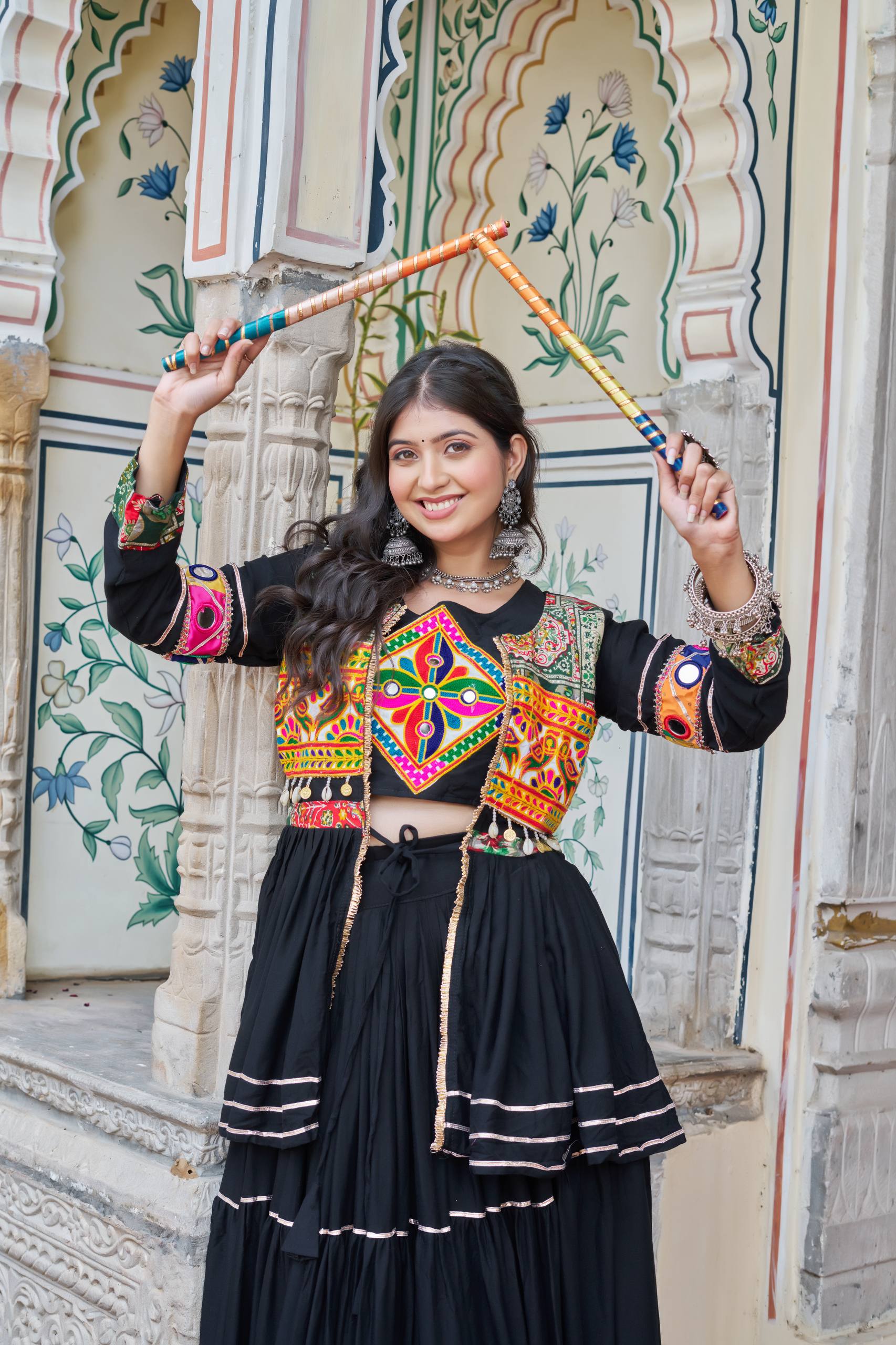 Black Gamathi Work Cotton Navratri Lehenga Choli Set with Koti [3 PCS]