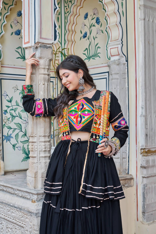 Black Gamathi Work Cotton Navratri Lehenga Choli Set with Koti [3 PCS]