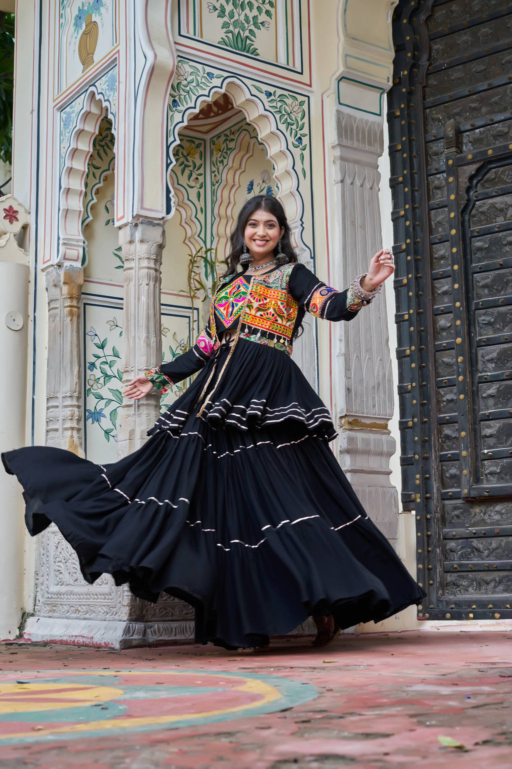 Black Gamathi Work Cotton Navratri Lehenga Choli Set with Koti [3 PCS]