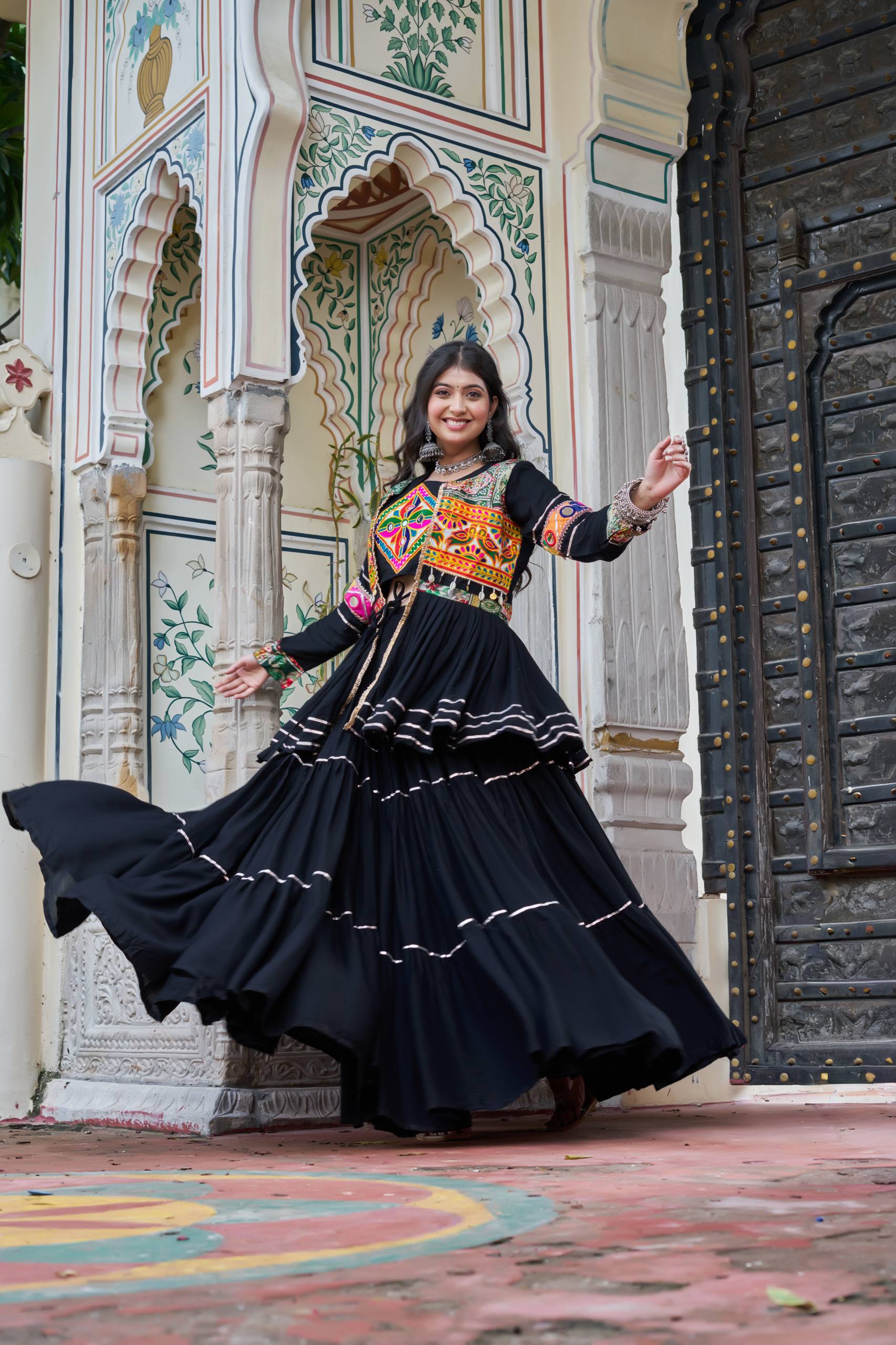 Black Gamathi Work Cotton Navratri Lehenga Choli Set with Koti [3 PCS]