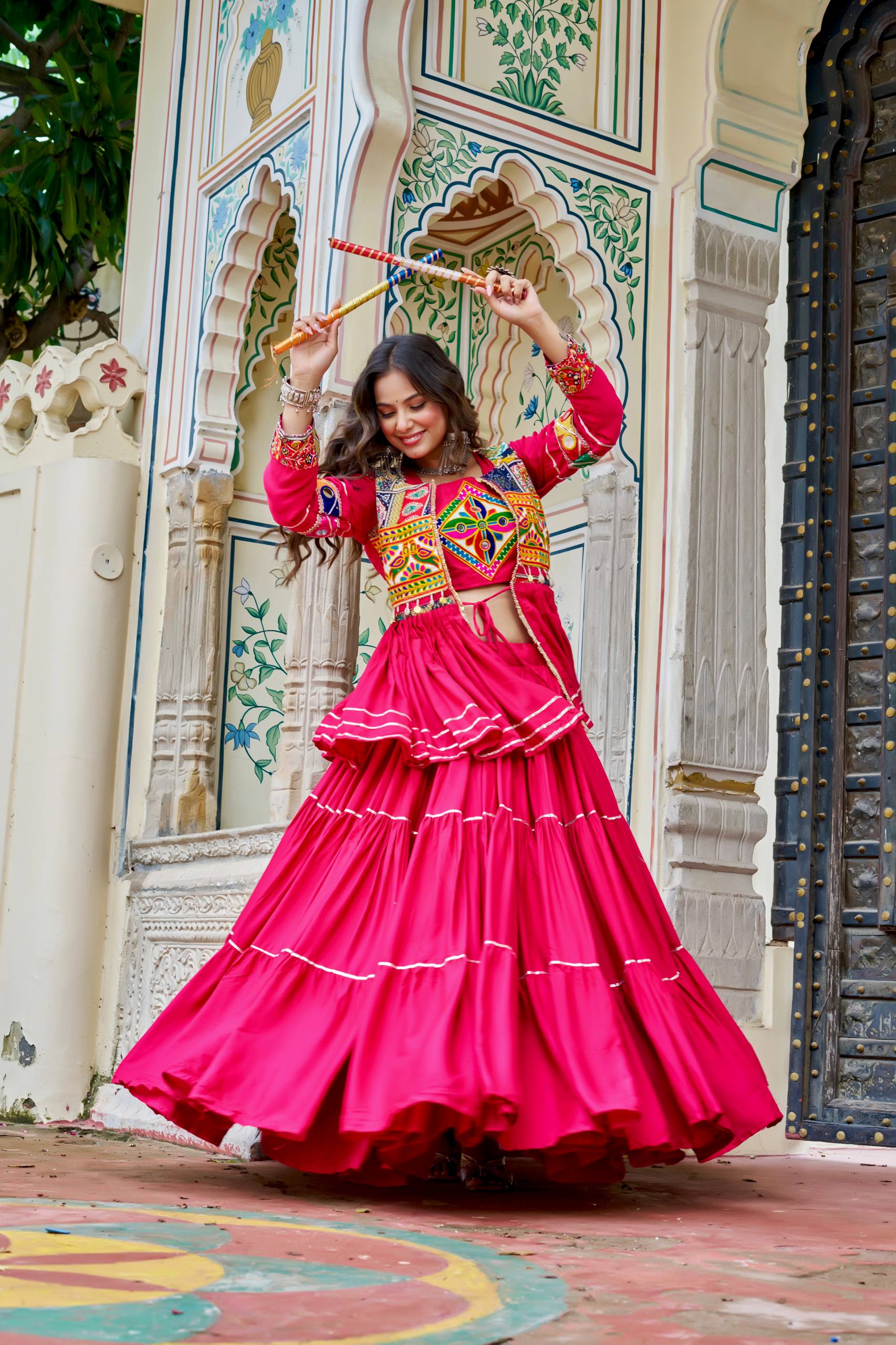 Pink Gamathi Work Cotton Navratri Lehenga Choli Set with Koti [3 PCS]