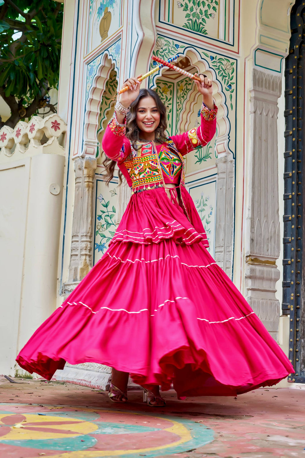 Pink Gamathi Work Cotton Navratri Lehenga Choli Set with Koti [3 PCS]