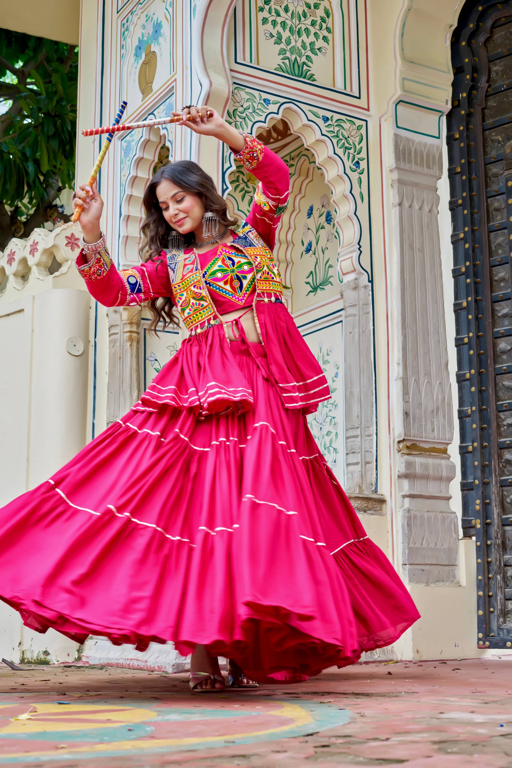 Pink Gamathi Work Cotton Navratri Lehenga Choli Set with Koti [3 PCS]