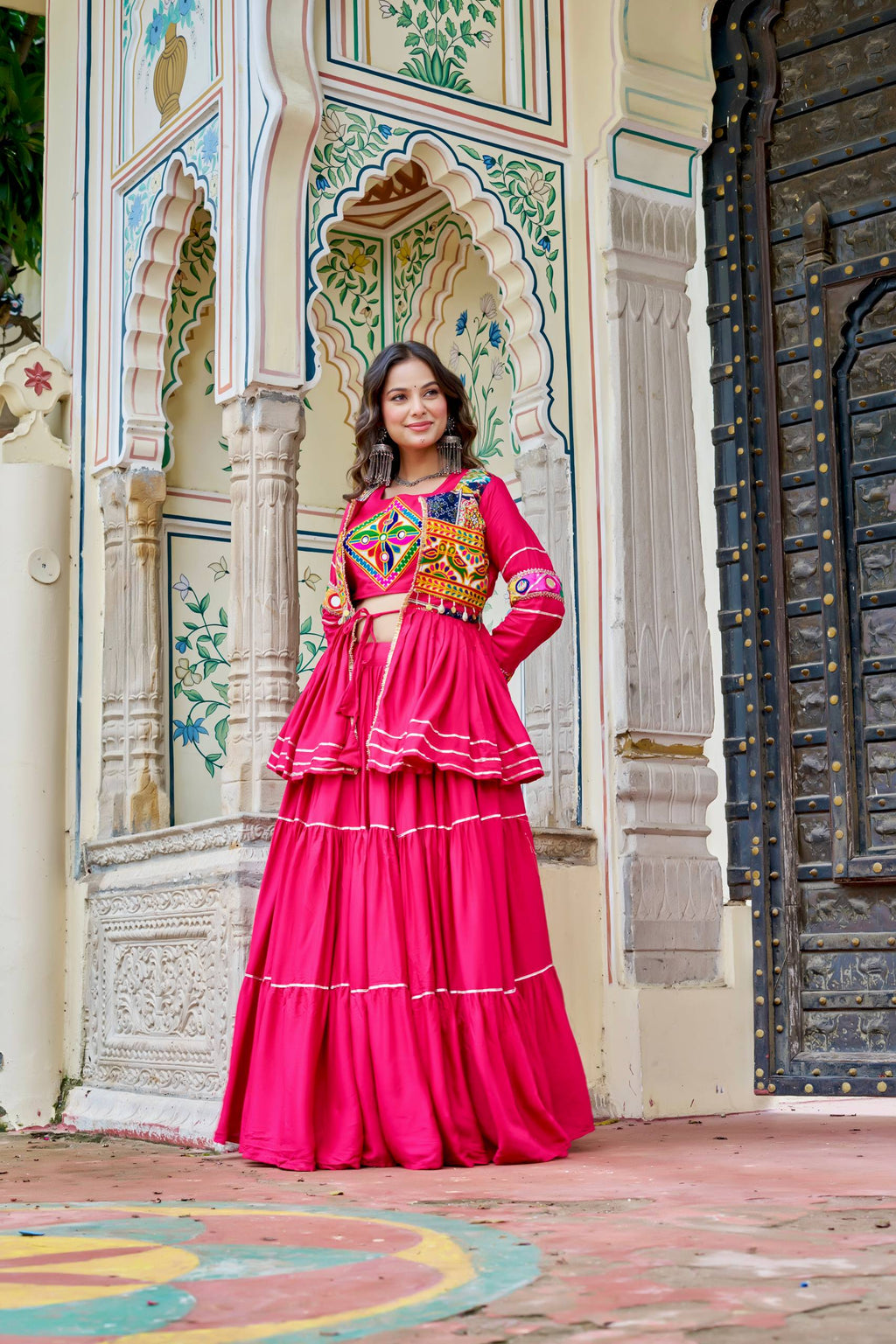 Pink Gamathi Work Cotton Navratri Lehenga Choli Set with Koti [3 PCS]