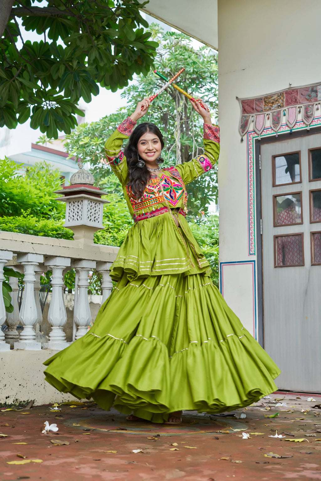 Green Gamathi Work Cotton Navratri Lehenga Choli Set with Koti [3 PCS]