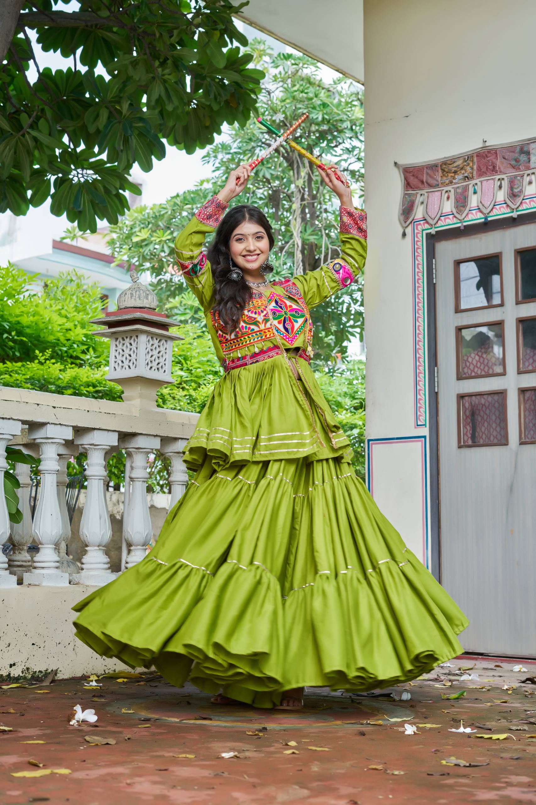 Green Gamathi Work Cotton Navratri Lehenga Choli Set with Koti [3 PCS]