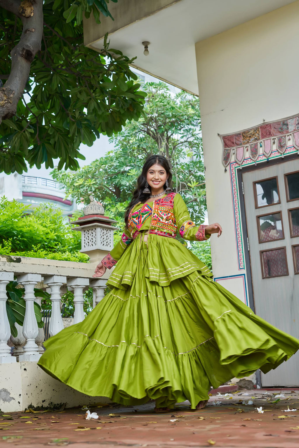 Green Gamathi Work Cotton Navratri Lehenga Choli Set with Koti [3 PCS]