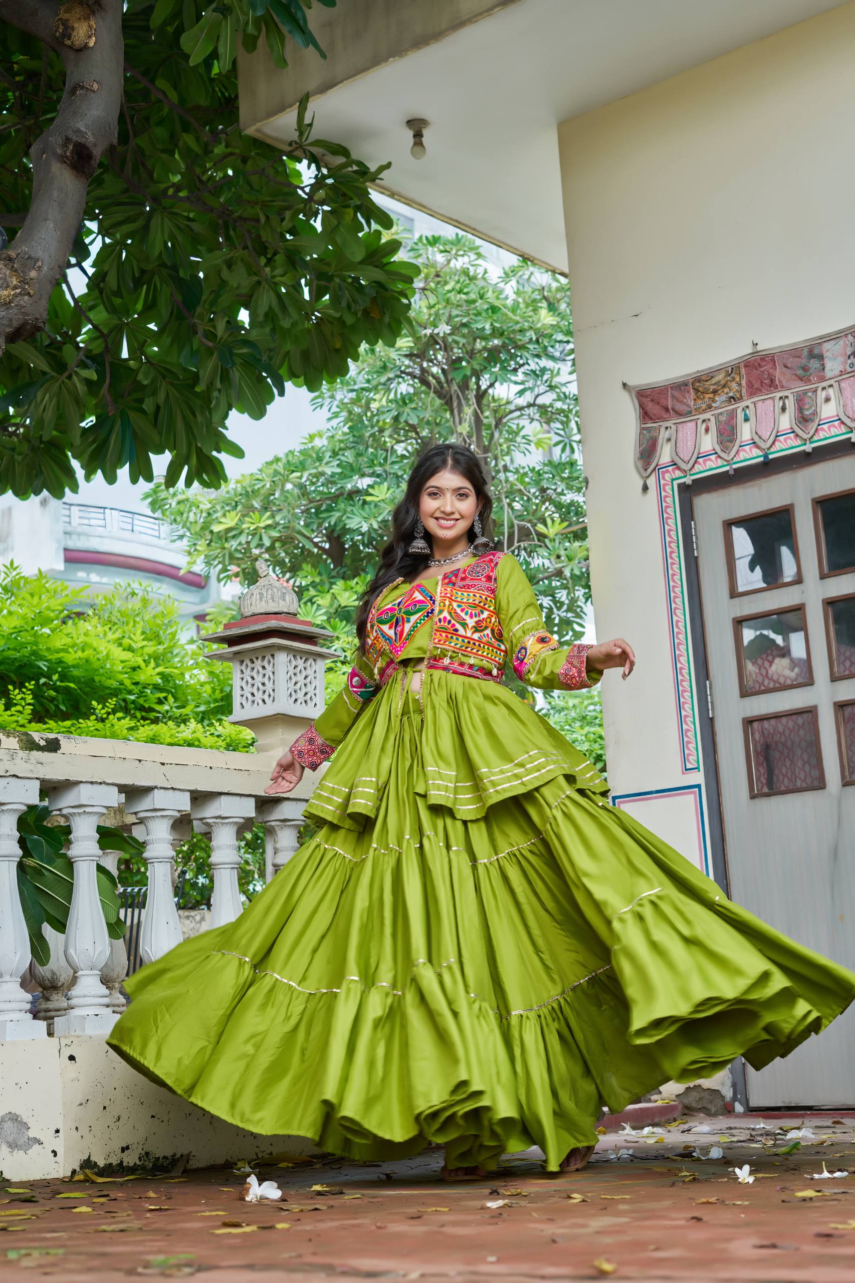 Green Gamathi Work Cotton Navratri Lehenga Choli Set with Koti [3 PCS]