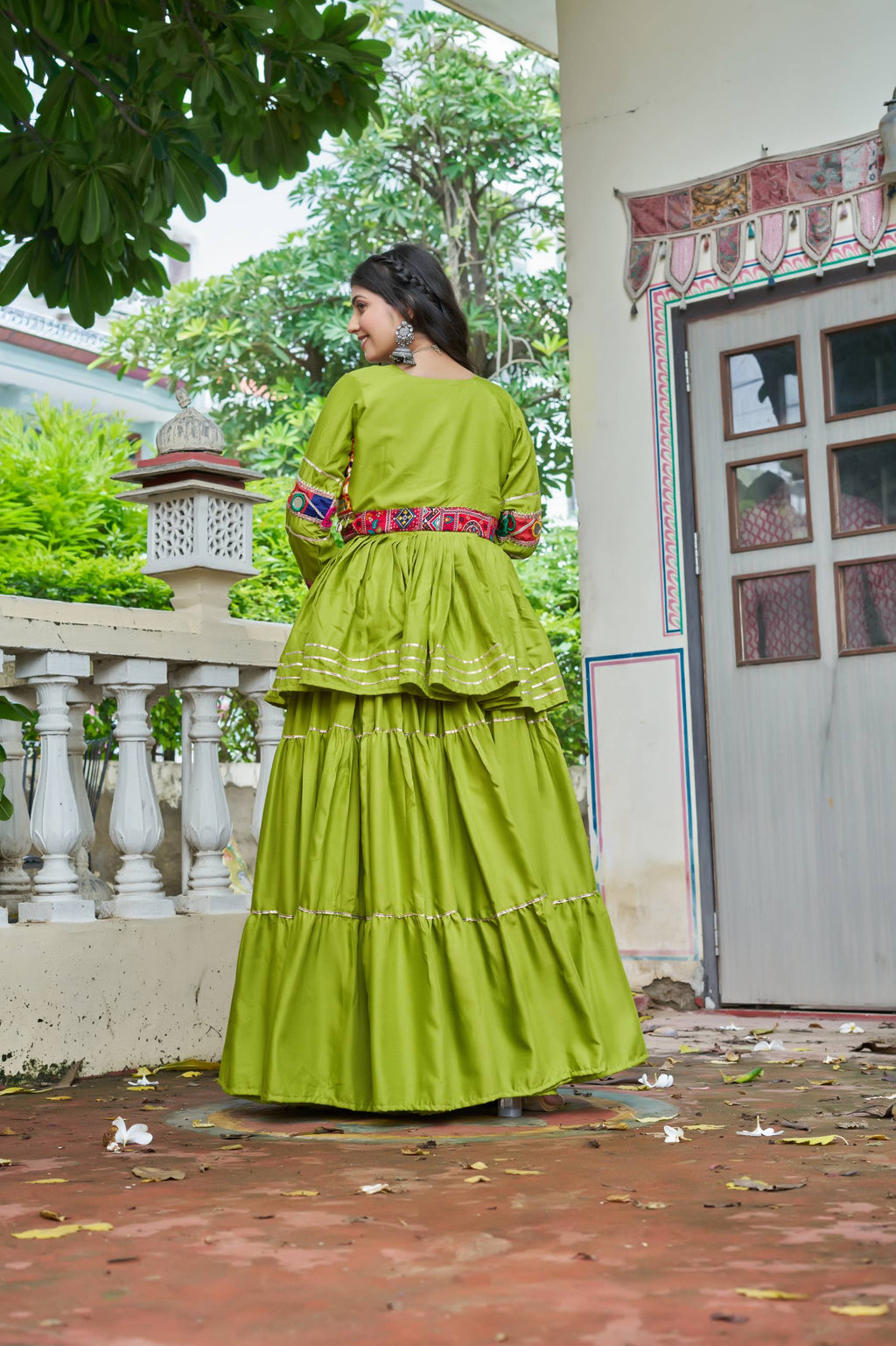 Green Gamathi Work Cotton Navratri Lehenga Choli Set with Koti [3 PCS]