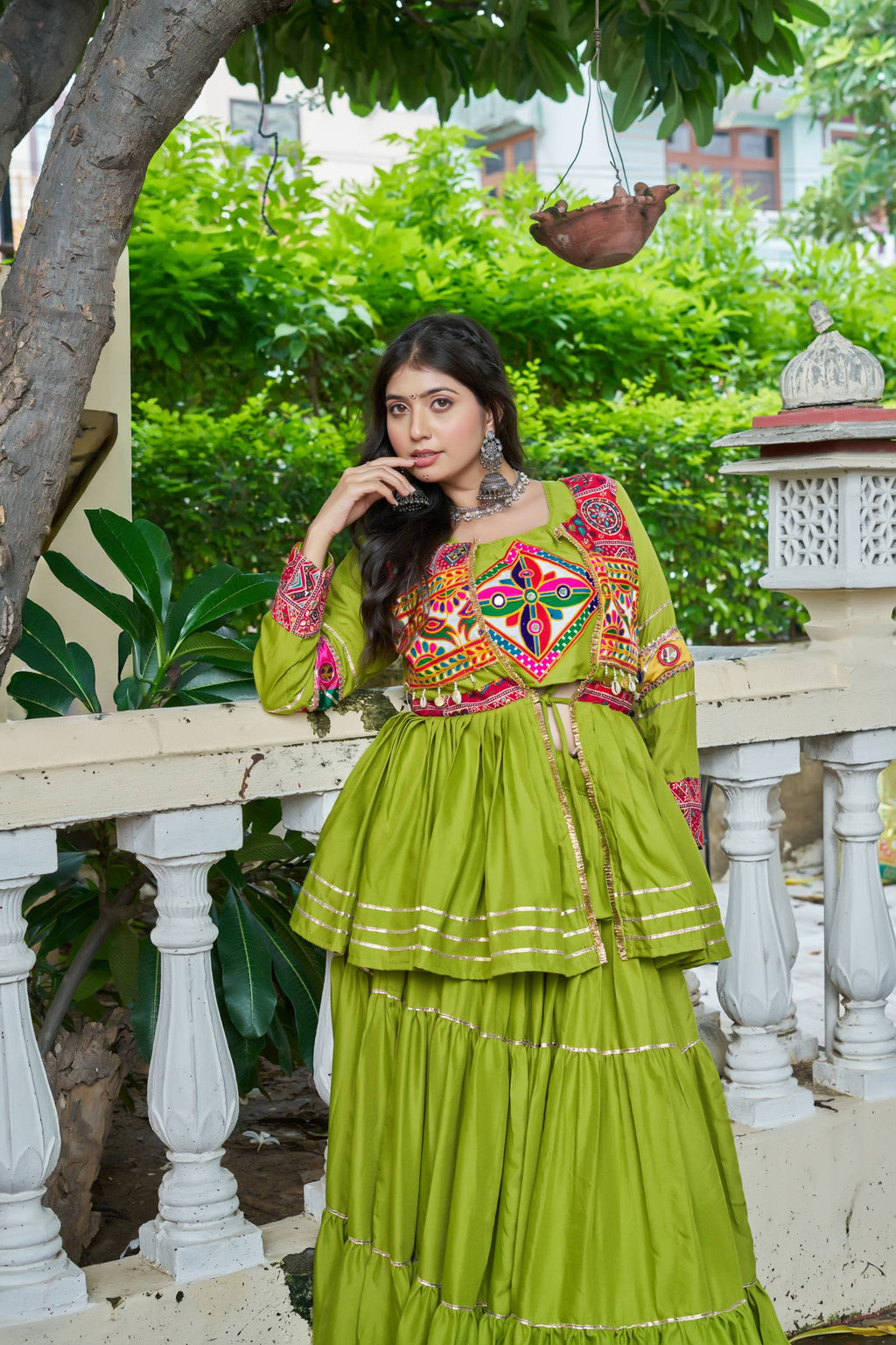 Green Gamathi Work Cotton Navratri Lehenga Choli Set with Koti [3 PCS]