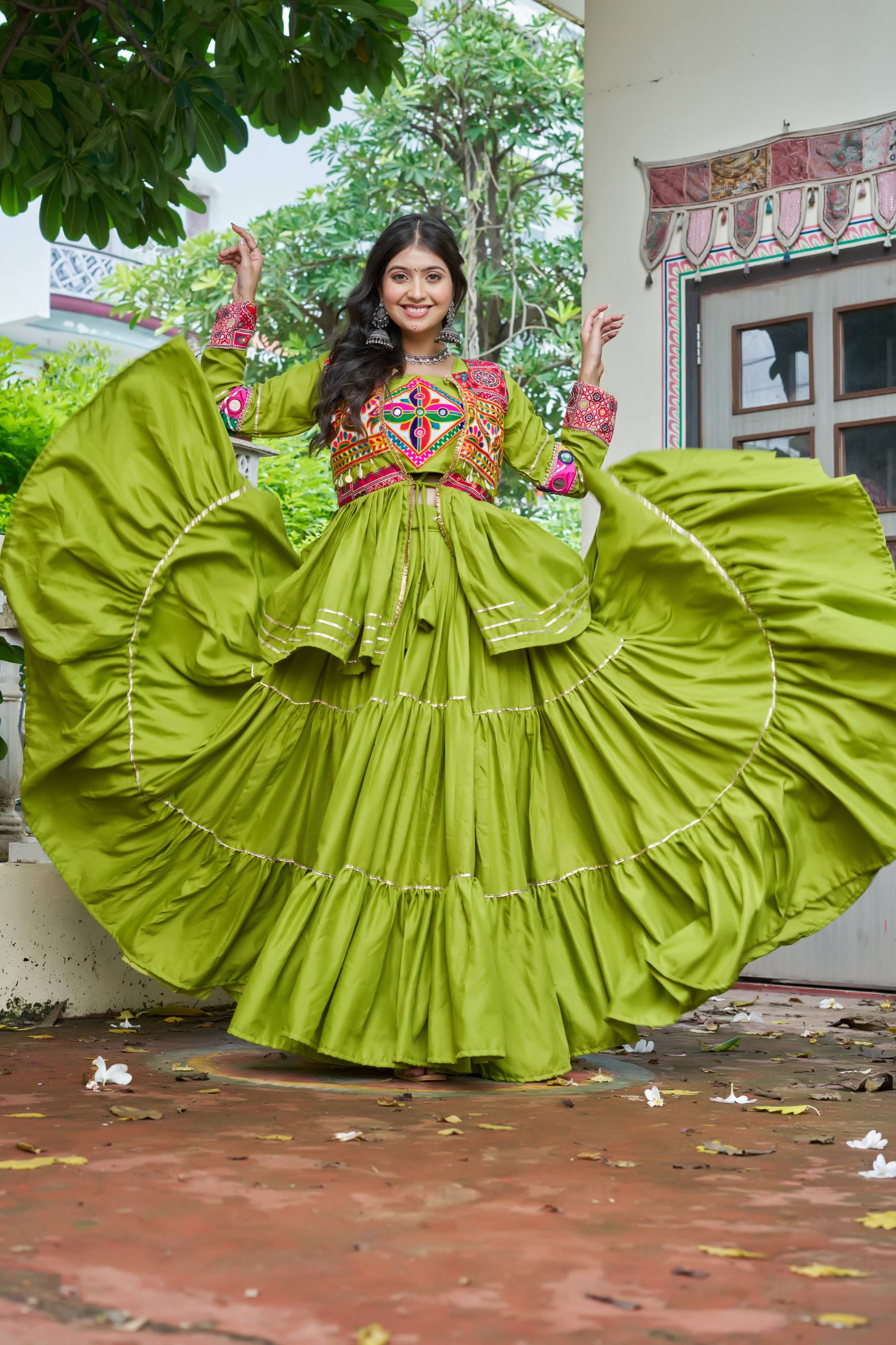 Green Gamathi Work Cotton Navratri Lehenga Choli Set with Koti [3 PCS]