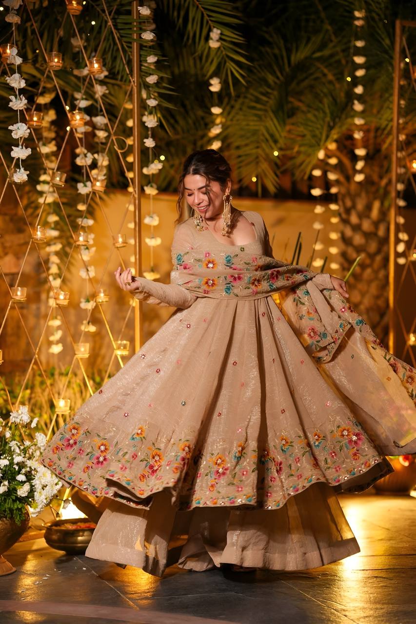 Beige Crunchy Silk Embroidered Anarkali Sharara Suit Set [3 PCS]