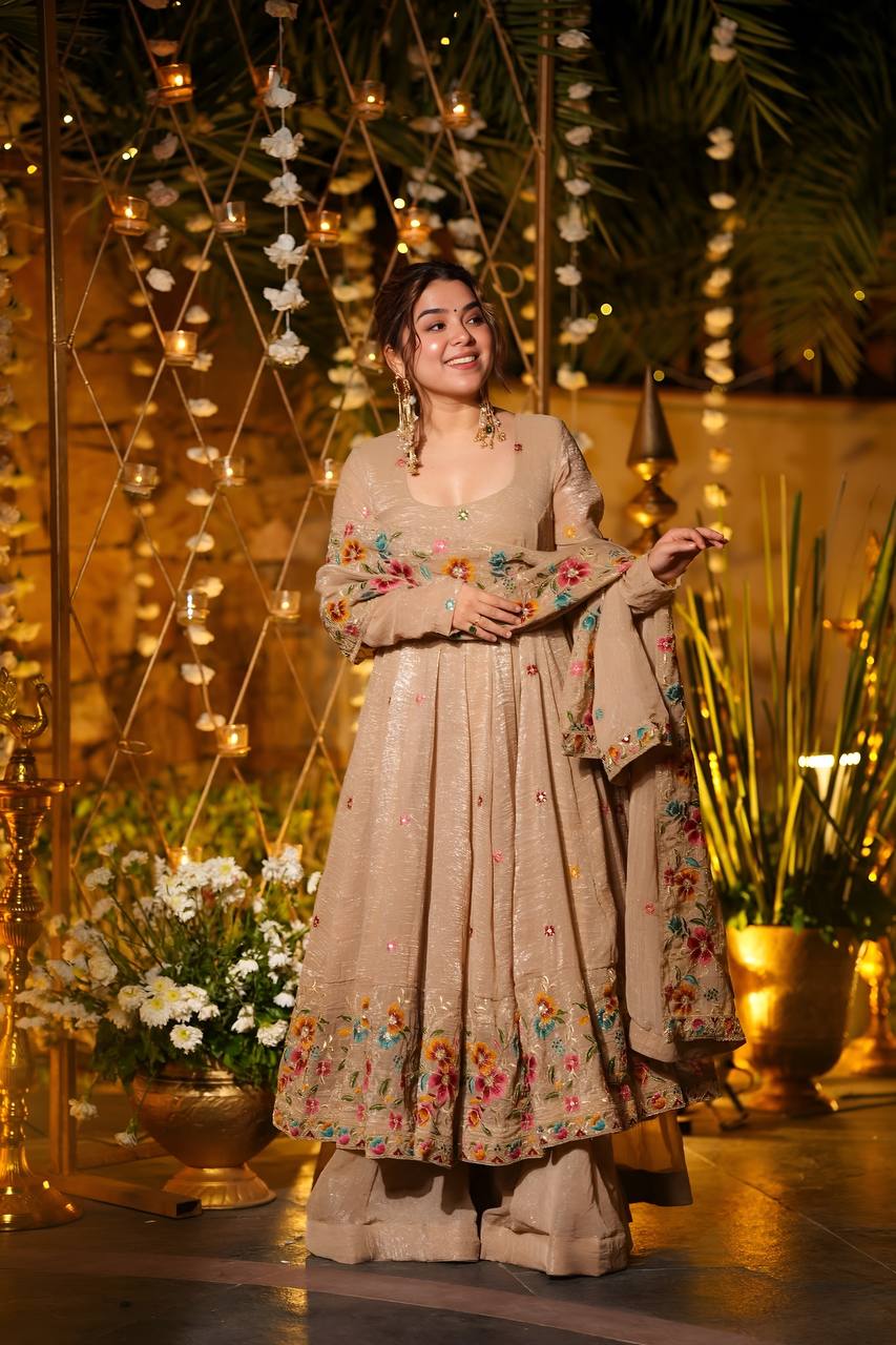 Beige Crunchy Silk Embroidered Anarkali Sharara Suit Set [3 PCS]