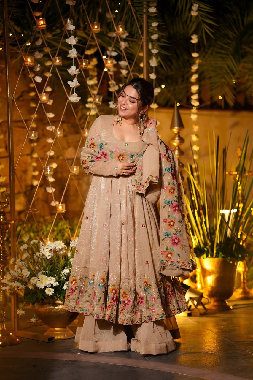 Beige Crunchy Silk Embroidered Anarkali Sharara Suit Set [3 PCS]