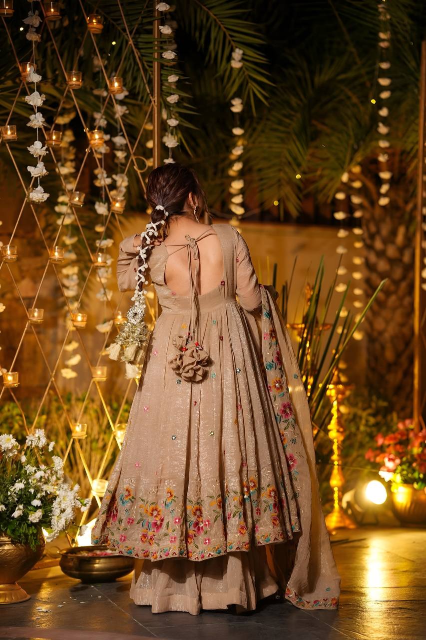 Beige Crunchy Silk Embroidered Anarkali Sharara Suit Set [3 PCS]