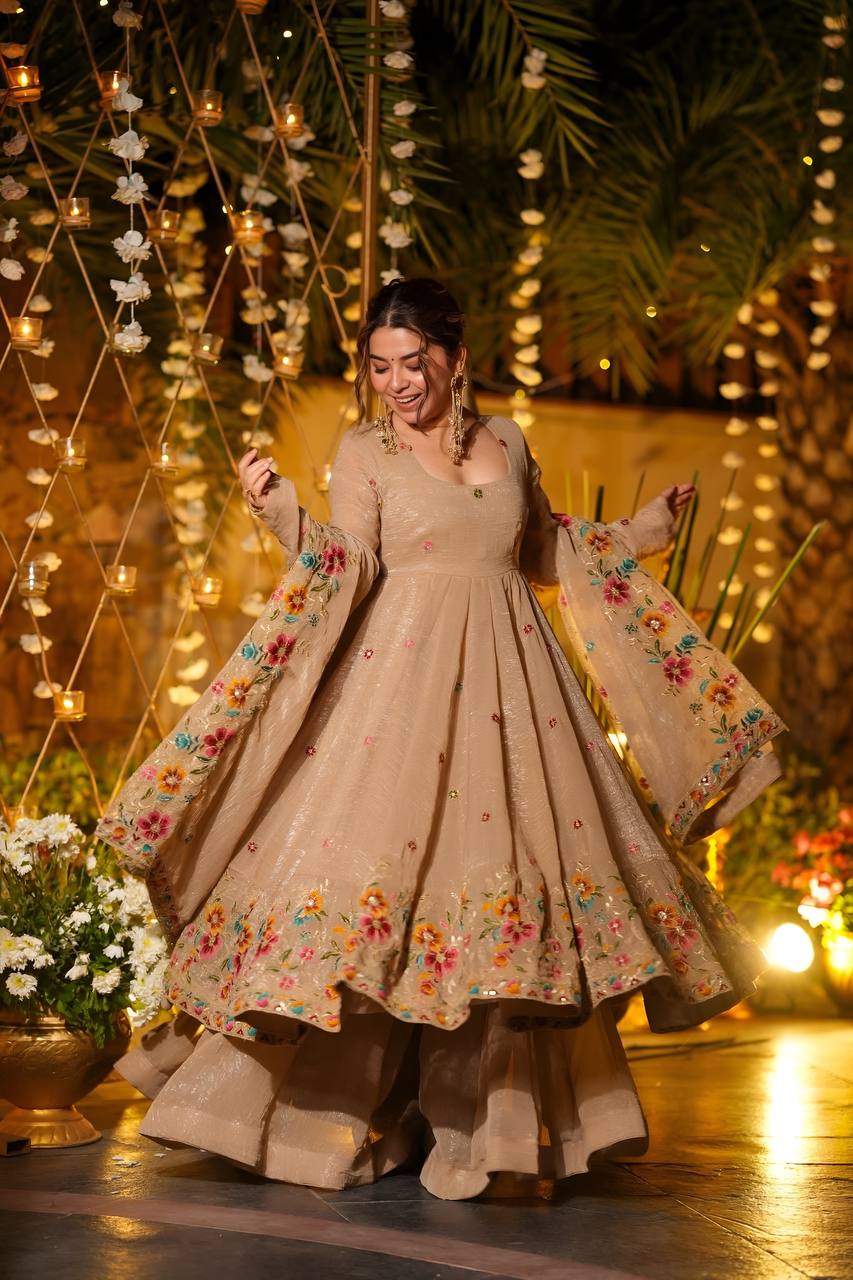 Beige Crunchy Silk Embroidered Anarkali Sharara Suit Set [3 PCS]