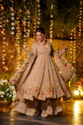 Beige Crunchy Silk Embroidered Anarkali Sharara Suit Set [3 PCS]