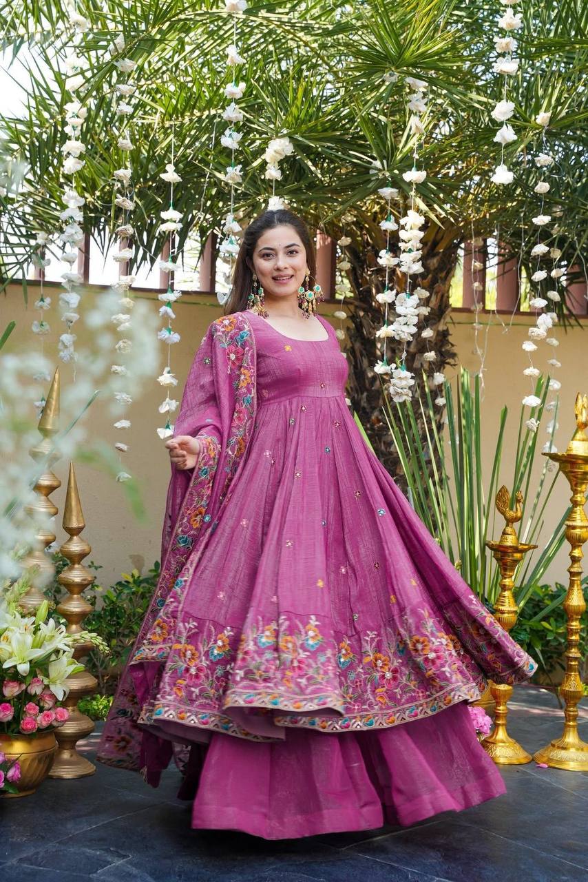 Dusty Rose Crunchy Silk Embroidered Anarkali Sharara Suit Set [3 PCS]