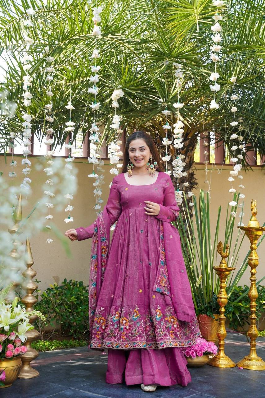 Dusty Rose Crunchy Silk Embroidered Anarkali Sharara Suit Set [3 PCS]