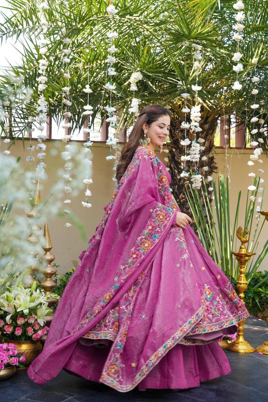 Dusty Rose Crunchy Silk Embroidered Anarkali Sharara Suit Set [3 PCS]