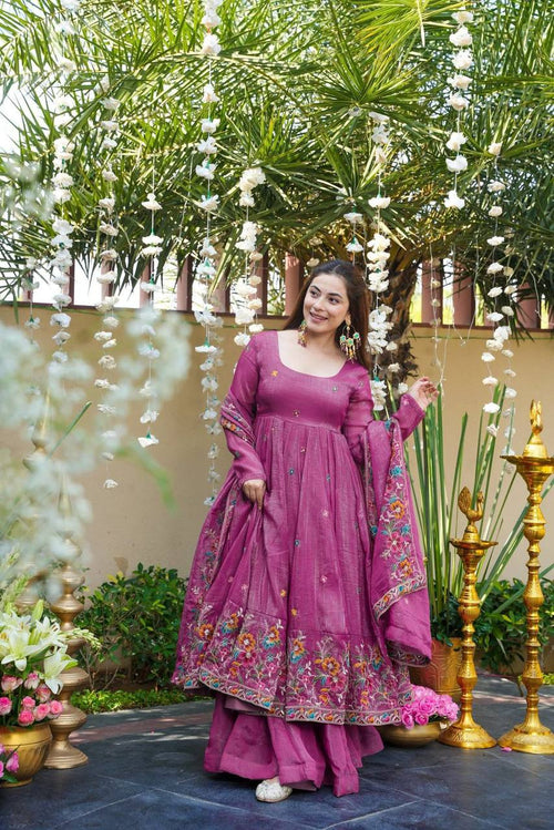 Dusty Rose Crunchy Silk Embroidered Anarkali Sharara Suit Set [3 PCS]