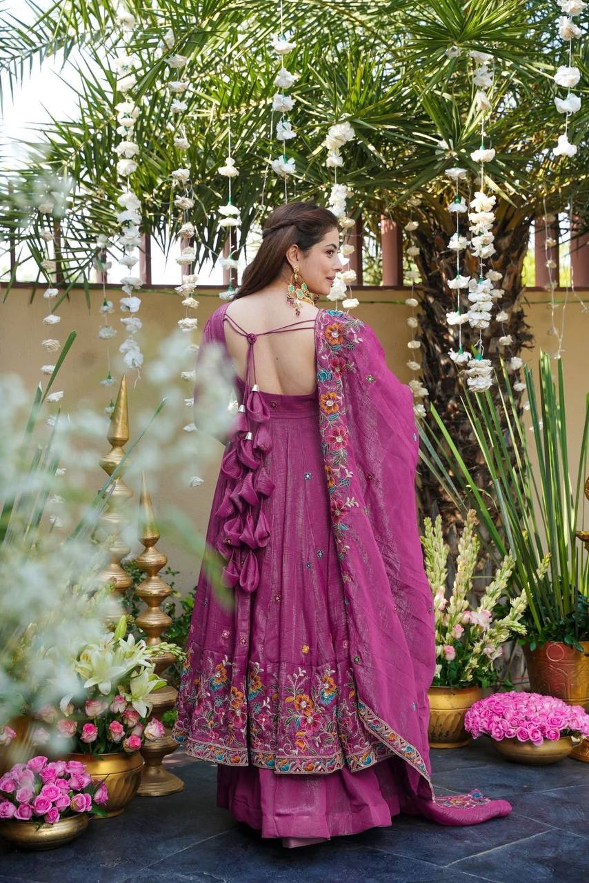 Dusty Rose Crunchy Silk Embroidered Anarkali Sharara Suit Set [3 PCS]