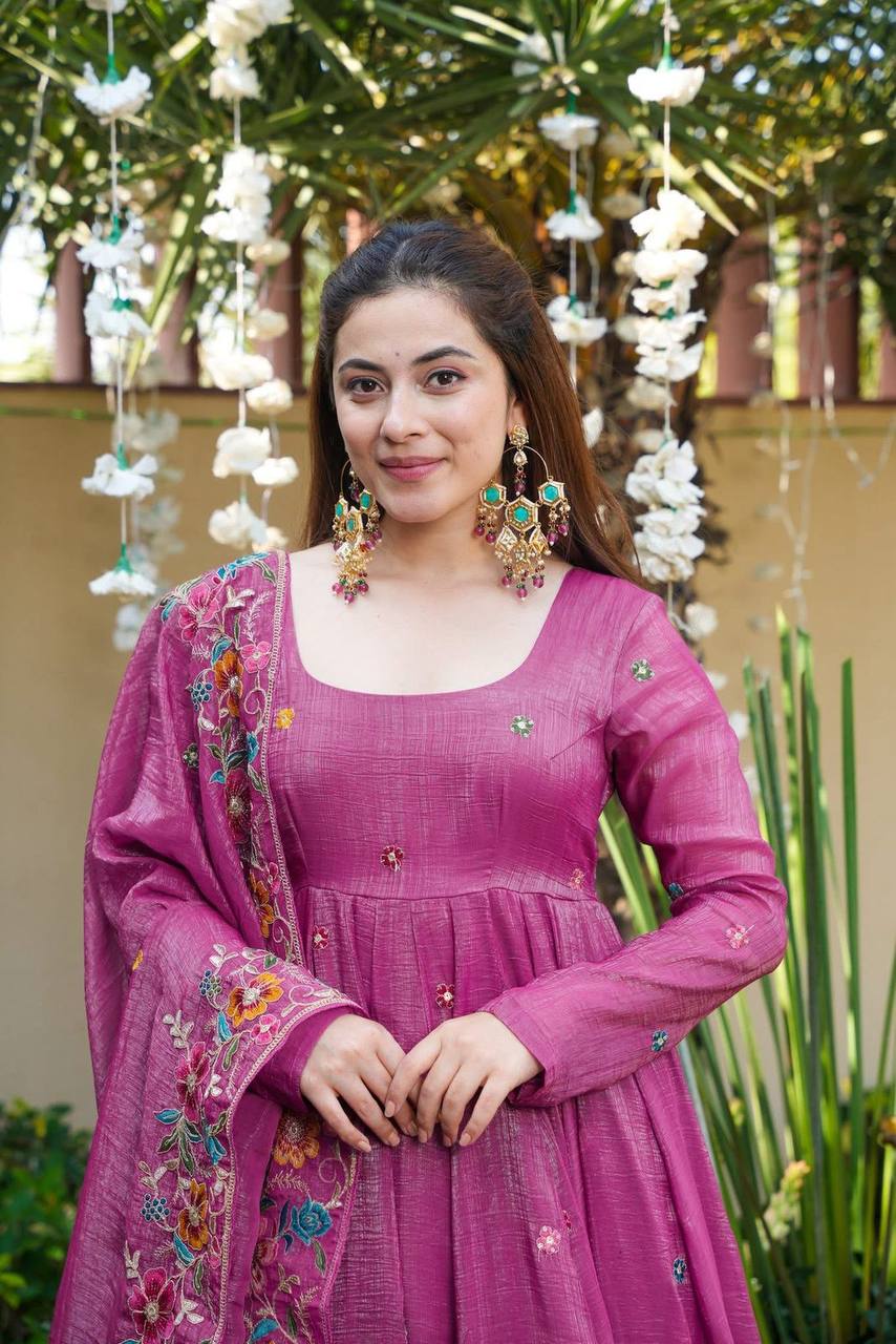 Dusty Rose Crunchy Silk Embroidered Anarkali Sharara Suit Set [3 PCS]
