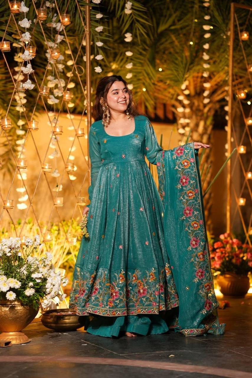 Rama Crunchy Silk Embroidered Anarkali Sharara Suit Set [3 PCS]