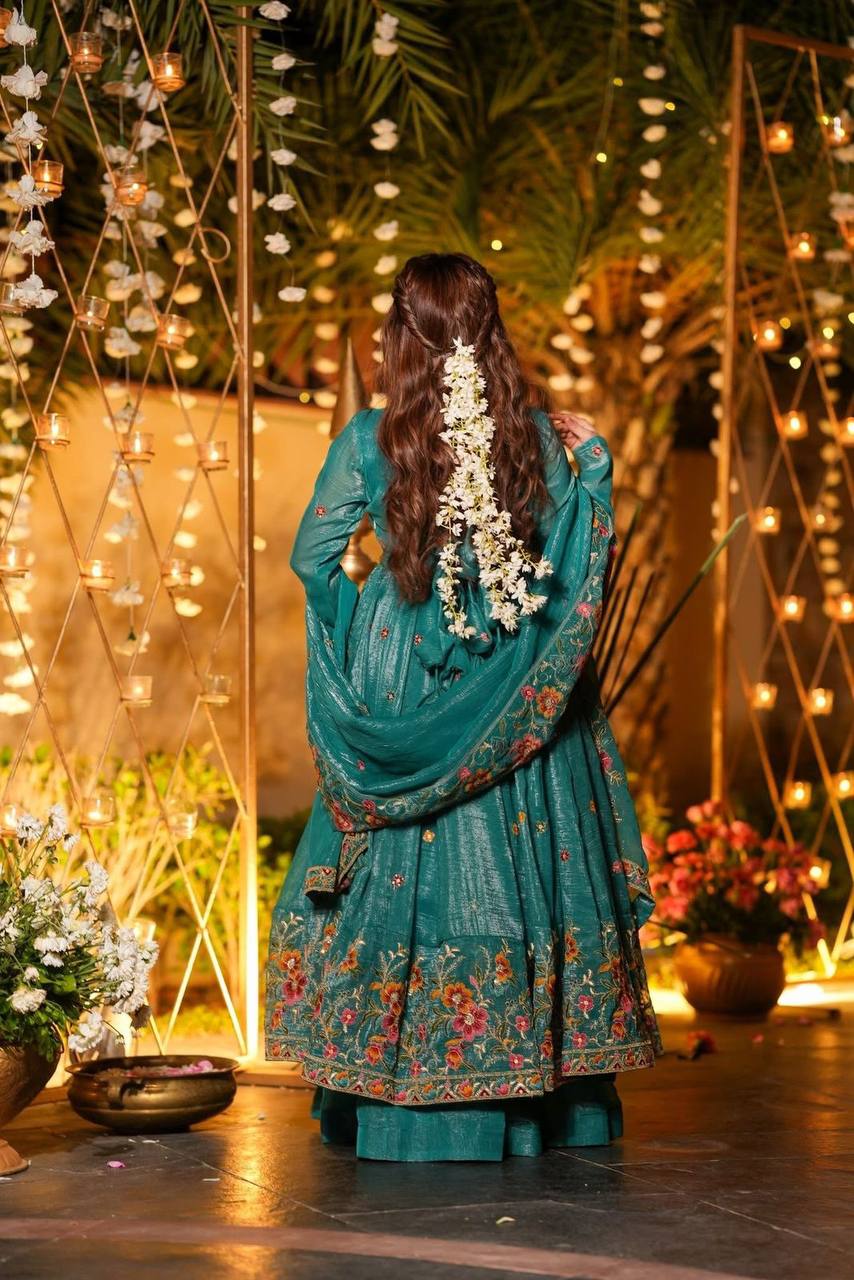 Rama Crunchy Silk Embroidered Anarkali Sharara Suit Set [3 PCS]