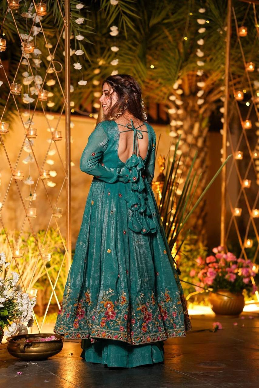 Rama Crunchy Silk Embroidered Anarkali Sharara Suit Set [3 PCS]